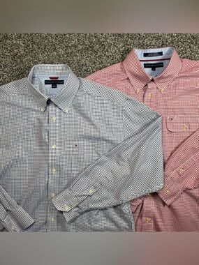 Lot 2 Tommy Hilfiger Men’s XL Blue & Red Tattersall Check Button Down Shirts VTG